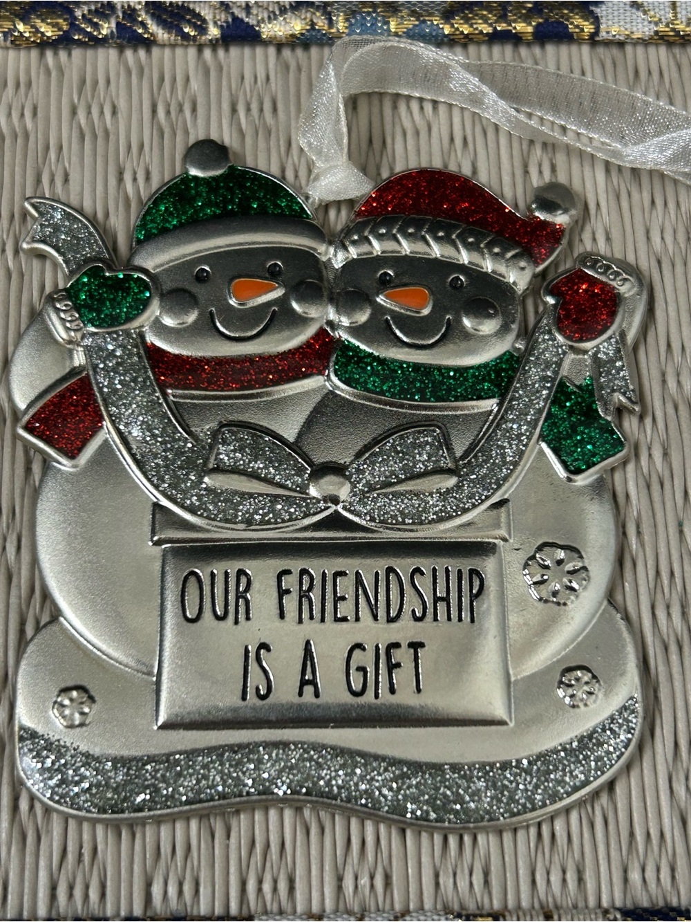 Holiday Snowman Friendship Ornament - Silver with Red & Green Glitter - Picture 3 of 4